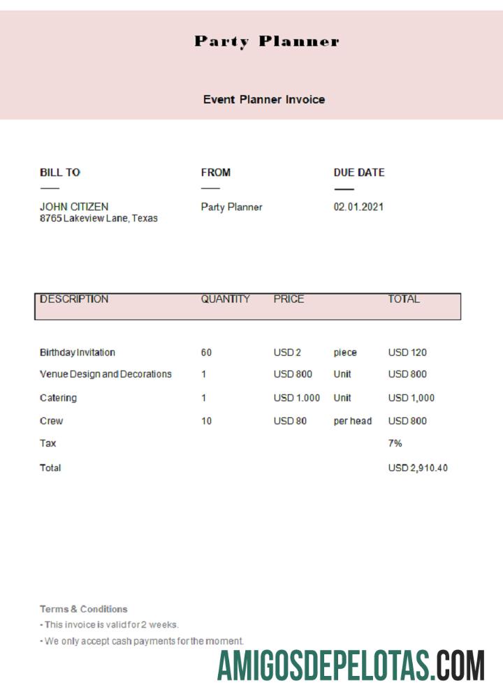 Fatura do planejador de festas nos EUA exemplo real